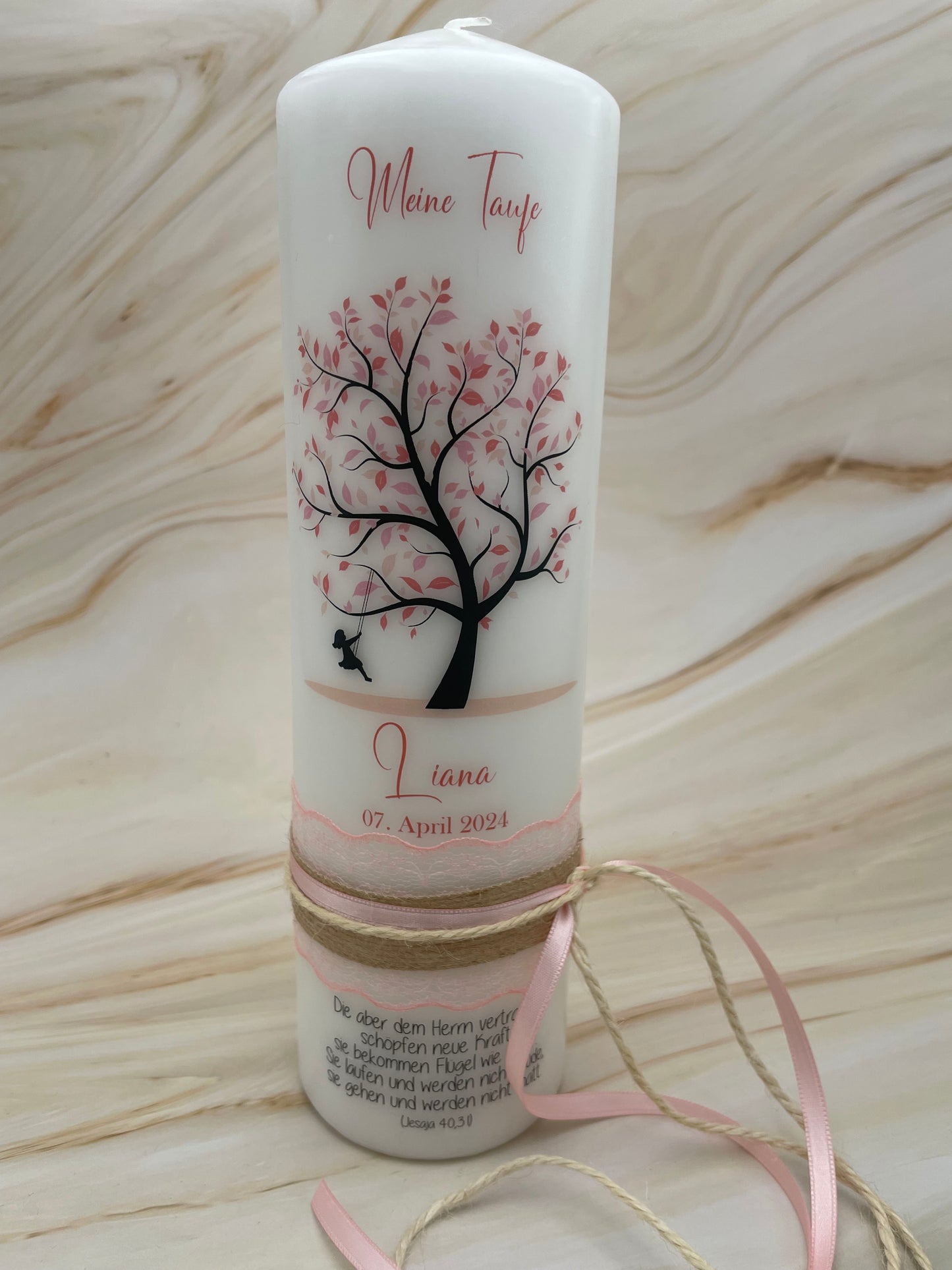 Taufkerze rosa Stammbaum | Nathalie
