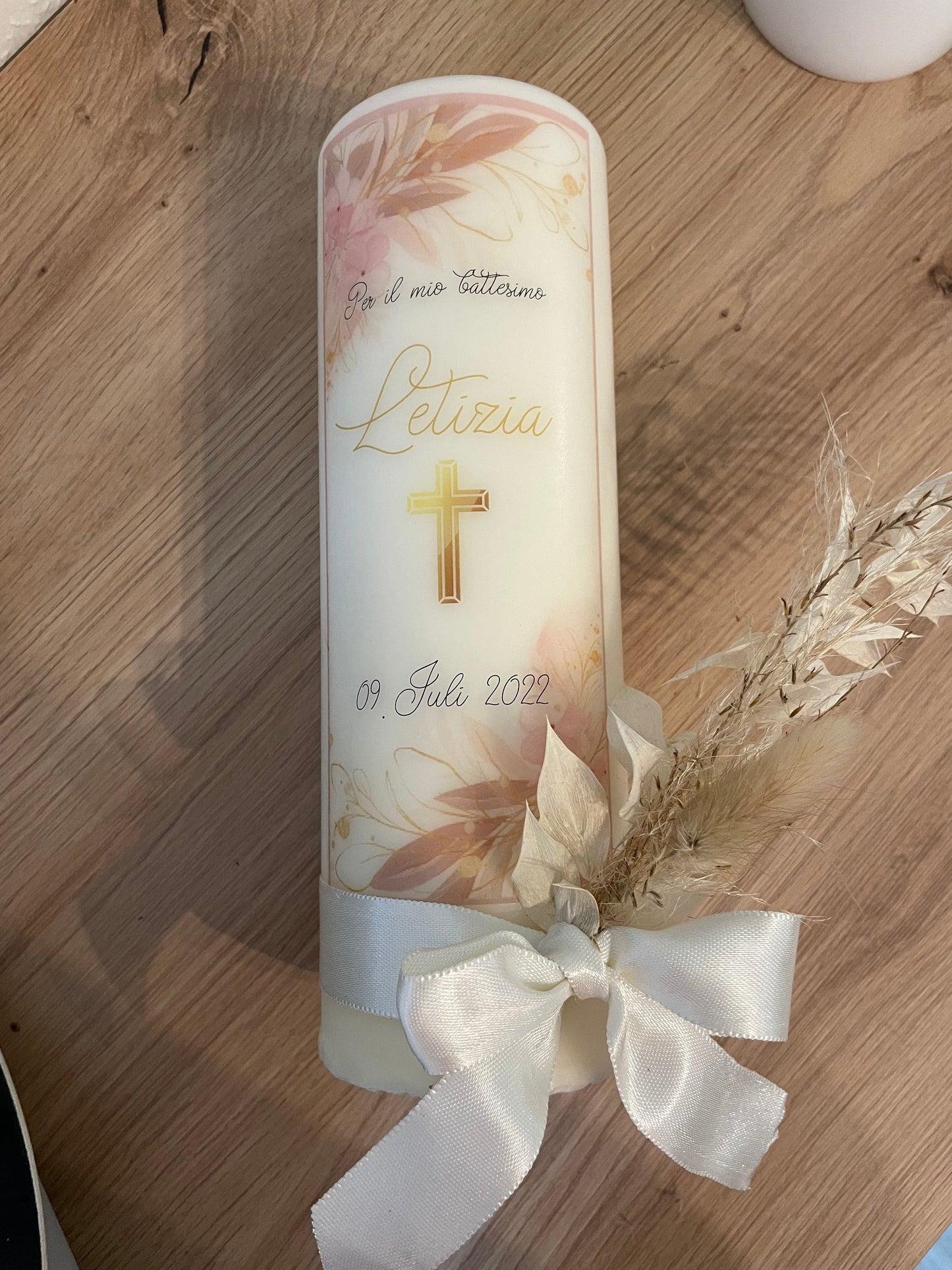 Taufkerze rosafarbiges Blumengemälde | Leonie