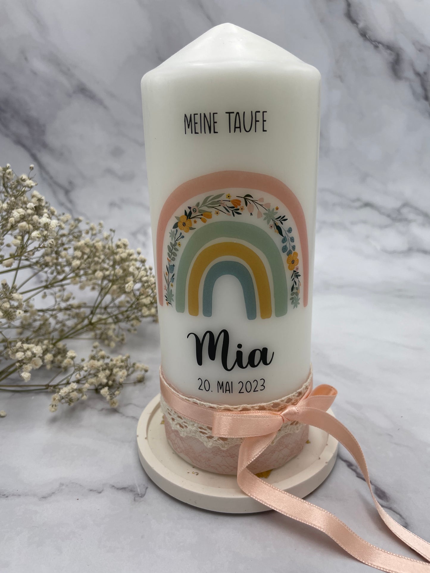 Taufkerze Regenbogen Blümchen | Mia