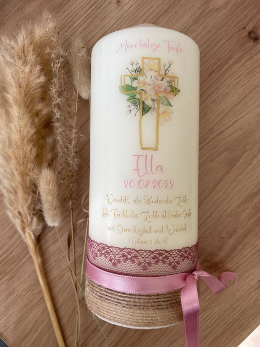 Taufkerze Kreuz mit Blumen | Ella