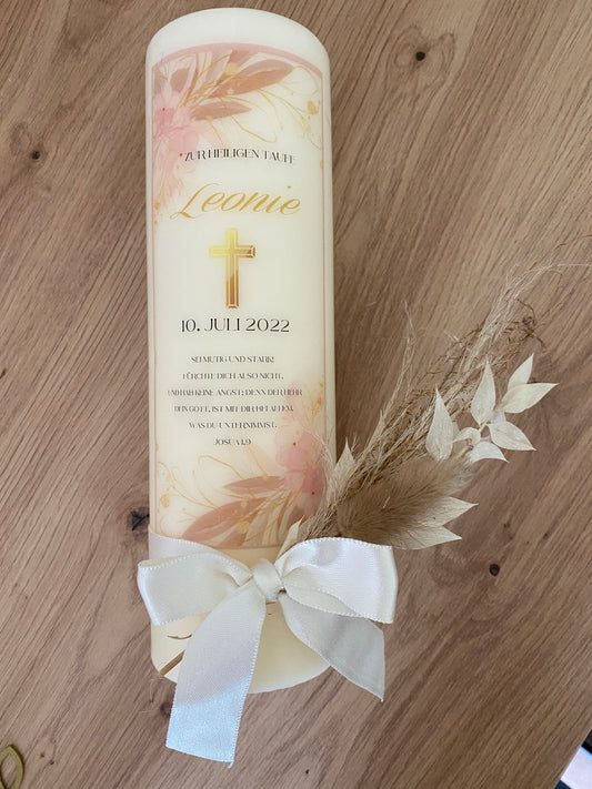 Taufkerze rosafarbiges Blumengemälde | Leonie